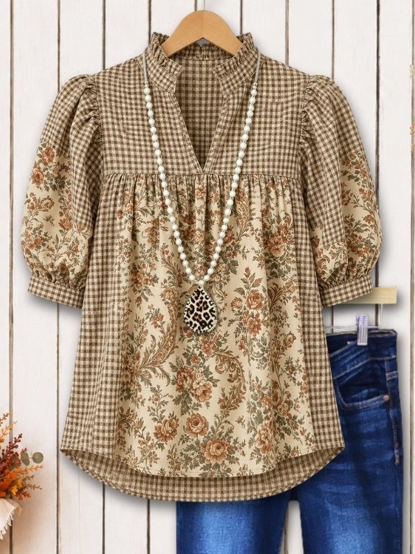 Floral Print Patchwork Puff Sleeve Babydoll Top