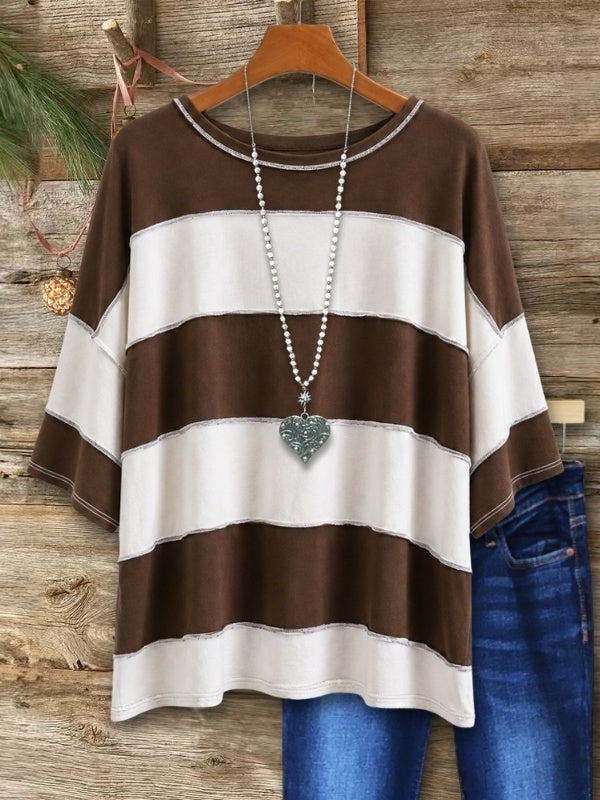 Colorblock Patchwork 3/4 Sleeve Crew Neck Top