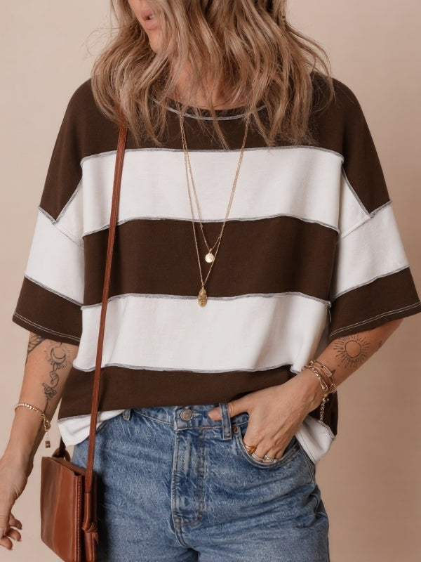 Colorblock Patchwork 3/4 Sleeve Crew Neck Top