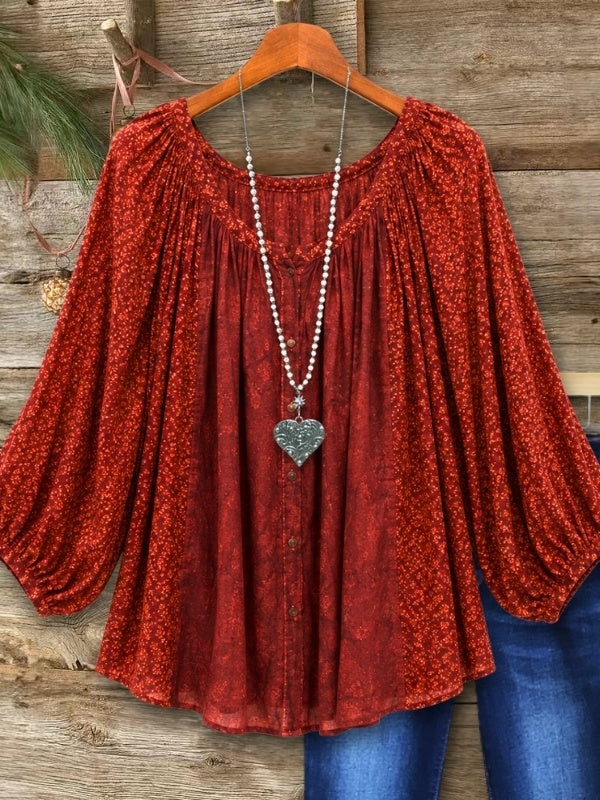 Floral Print Balloon Sleeve Split Neck Blouse