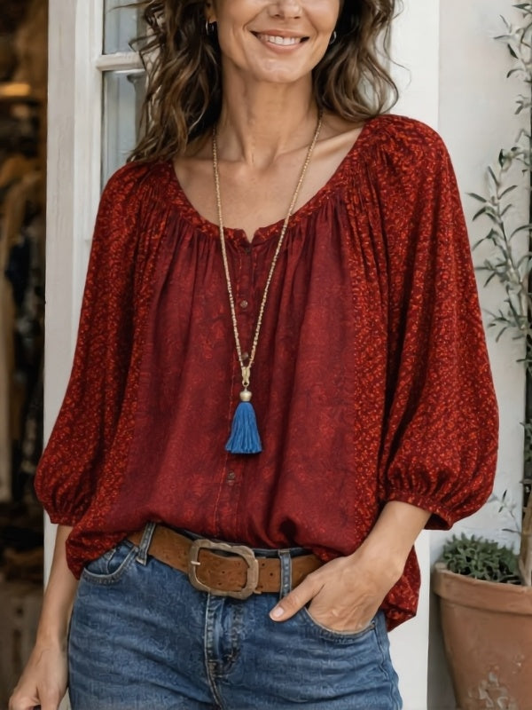 Floral Print Balloon Sleeve Split Neck Blouse