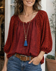 Floral Print Balloon Sleeve Split Neck Blouse