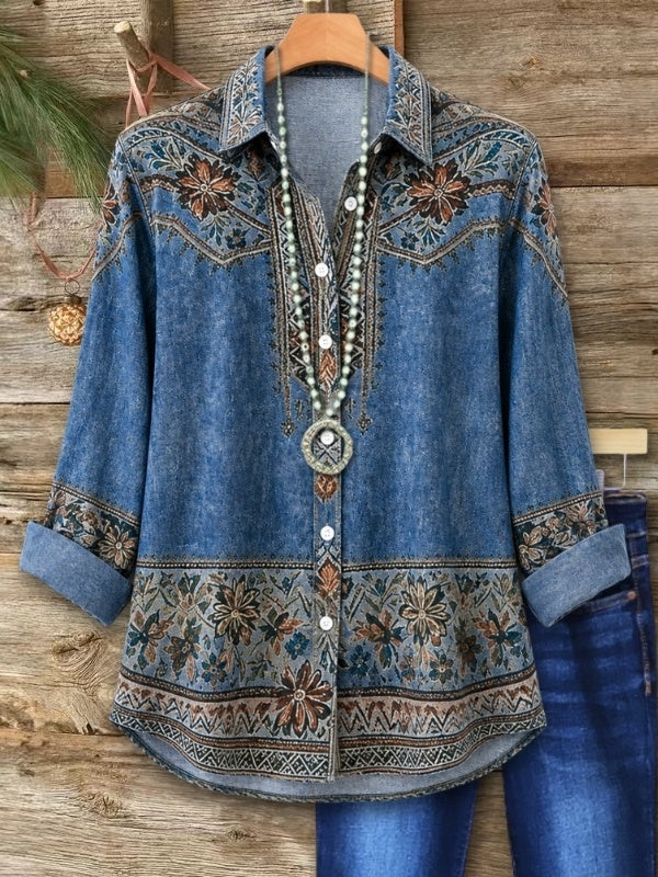 Floral Print Denim Button-Up Shirt