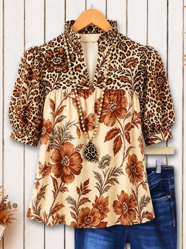 Floral Leopard Print Puff Sleeve Babydoll Top