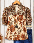 Floral Leopard Print Puff Sleeve Babydoll Top