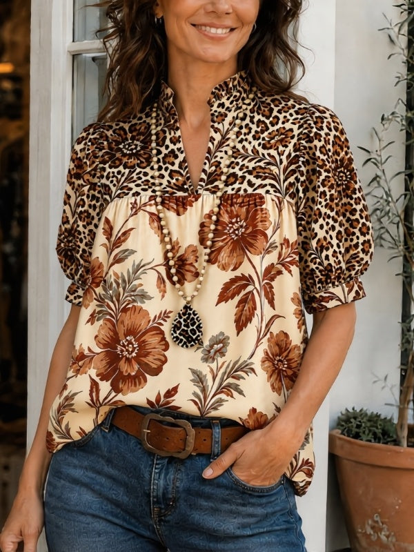 Floral Leopard Print Puff Sleeve Babydoll Top