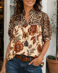 Floral Leopard Print Puff Sleeve Babydoll Top