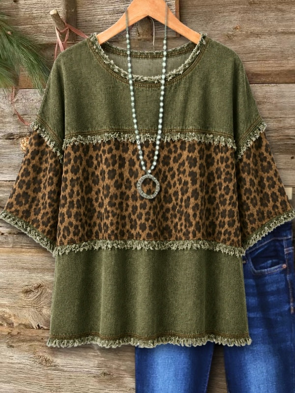 Leopard Print Denim Patchwork Tee