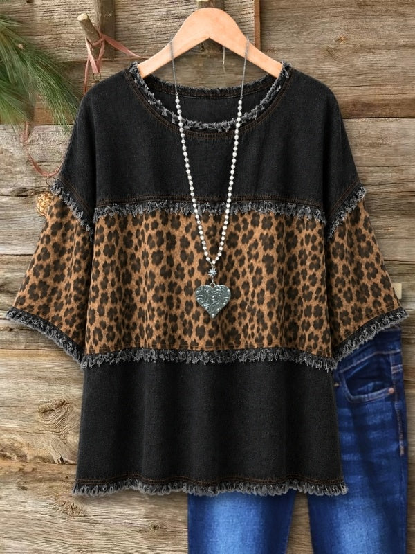 Leopard Print Denim Patchwork Tee