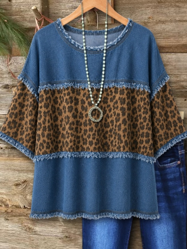 Leopard Print Denim Patchwork Tee