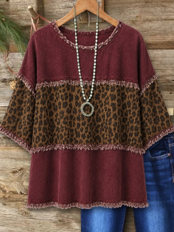 Leopard Print Denim Patchwork Tee
