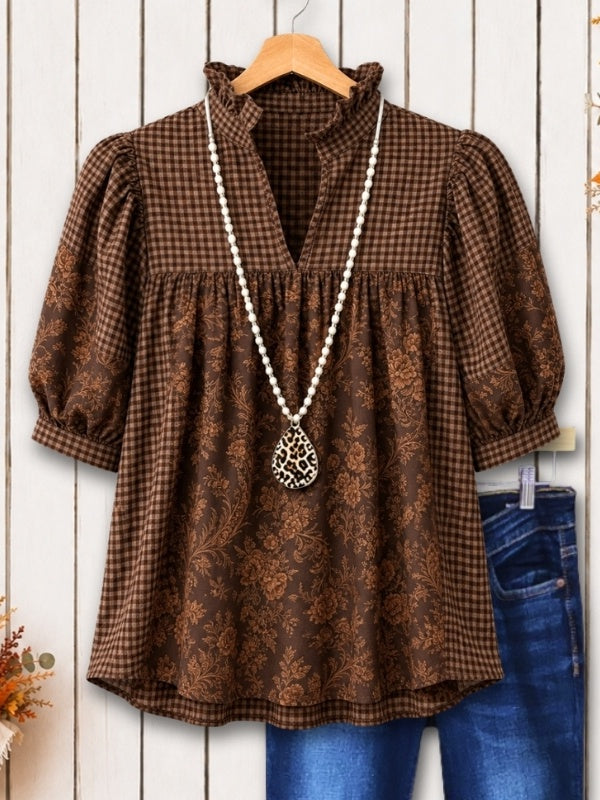 Floral Patchwork Puff Sleeve Babydoll Top