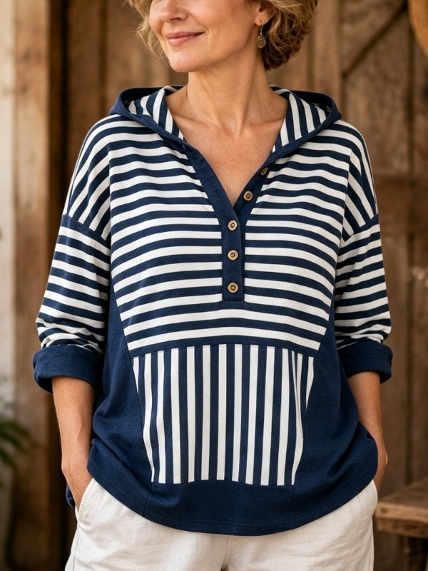 Striped Patchwork Hooded Tunic Top