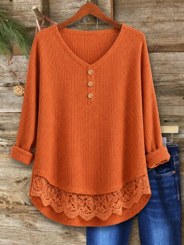 Waffle Knit V-Neck Lace Hem Tunic