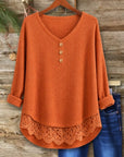 Waffle Knit V-Neck Lace Hem Tunic