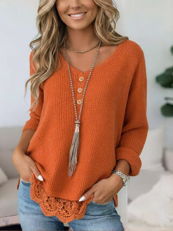 Waffle Knit V-Neck Lace Hem Tunic