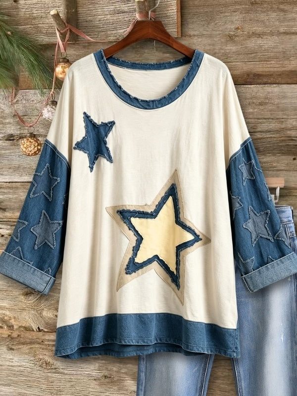 Denim Patchwork Star Appliqué Tunic Top