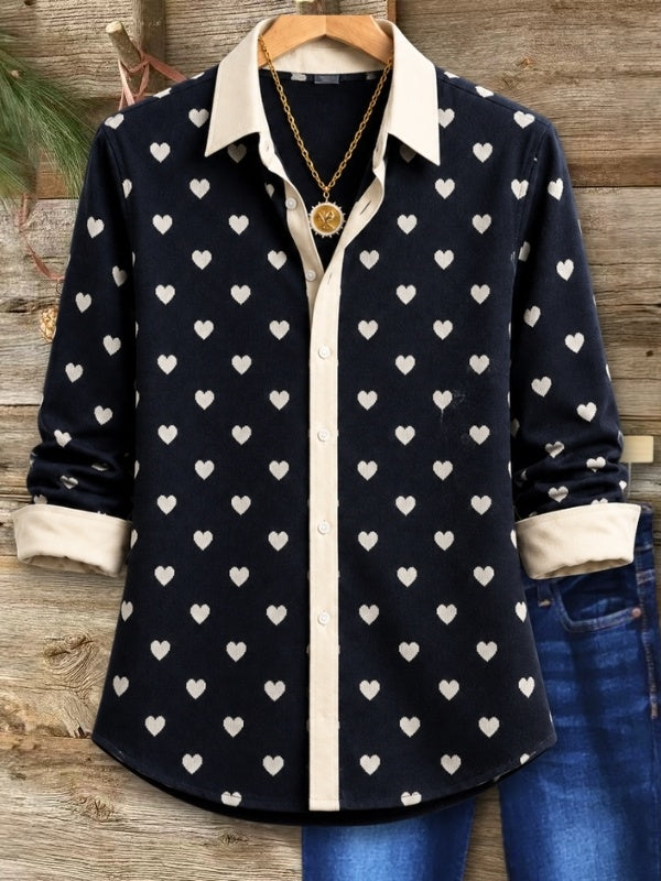 Heart Print Contrast Collar Shirt