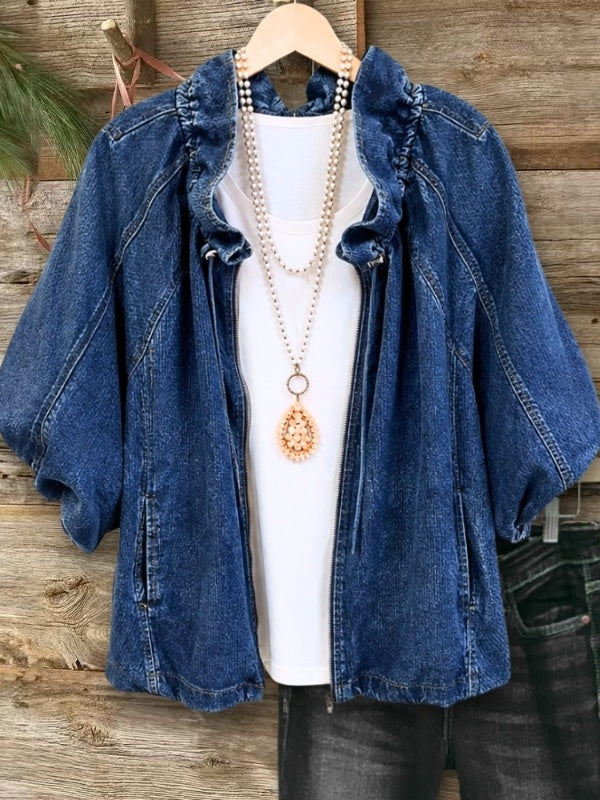 Puff Sleeve Washed Denim Jacket