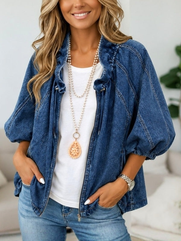 Puff Sleeve Washed Denim Jacket