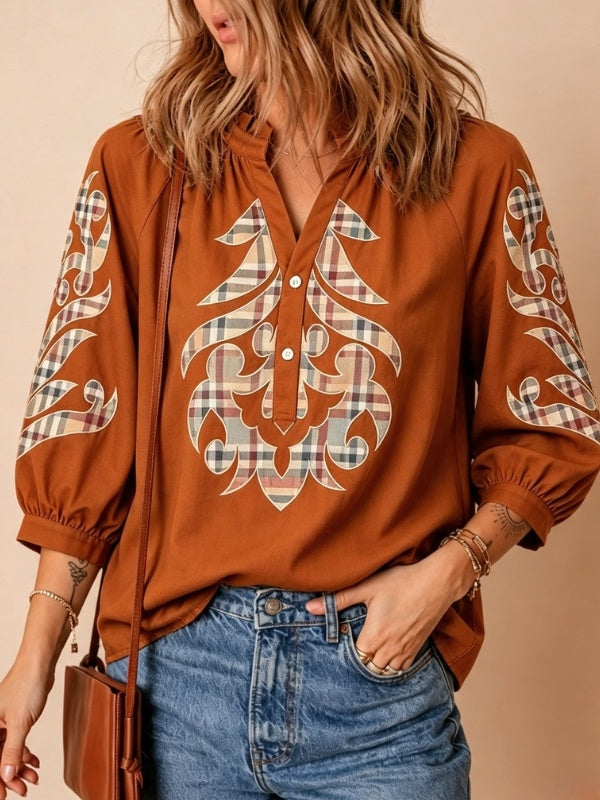 Plaid Appliqué Embroidery Ruffle Neck Blouse