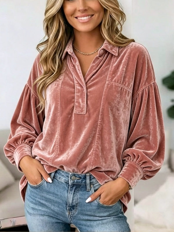 Velvet Puff Sleeve Collared Tunic