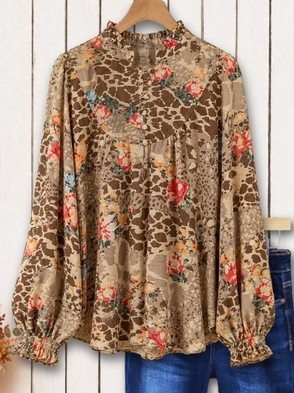 Floral Print Ruffle Neck Blouse