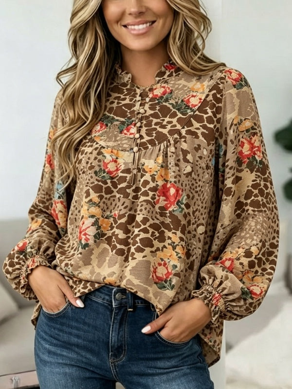 Floral Print Ruffle Neck Blouse