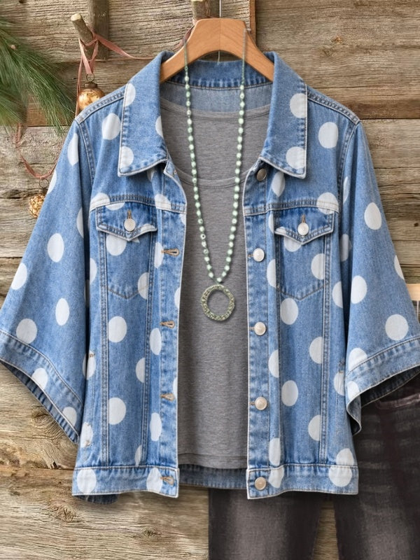 Polka Dot Batwing Sleeve Denim Jacket