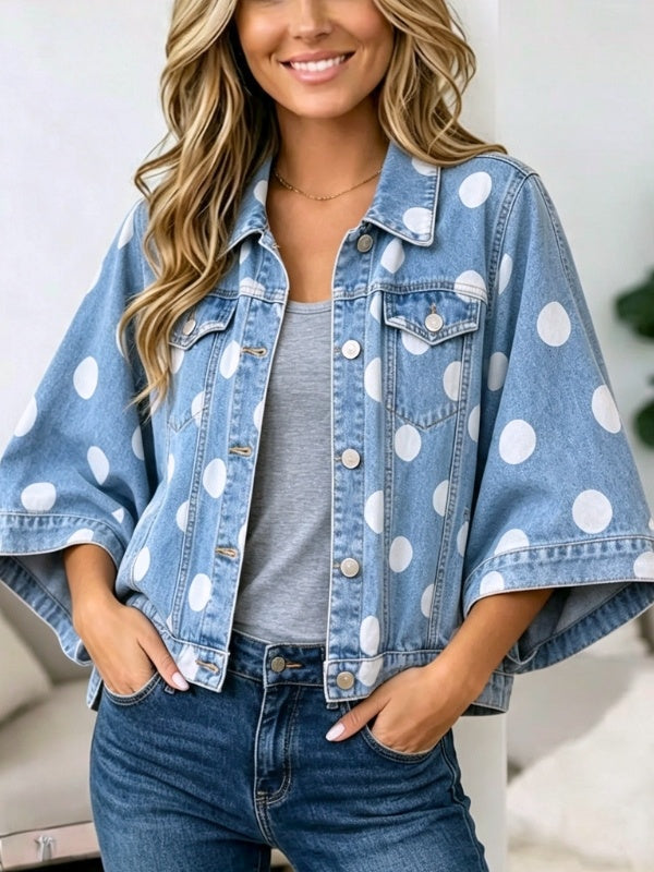 Polka Dot Batwing Sleeve Denim Jacket