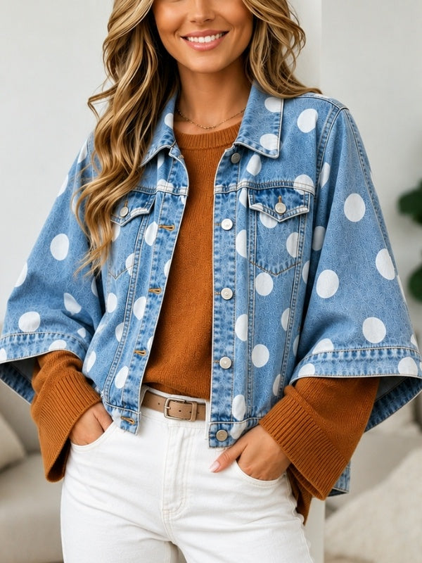 Polka Dot Batwing Sleeve Denim Jacket