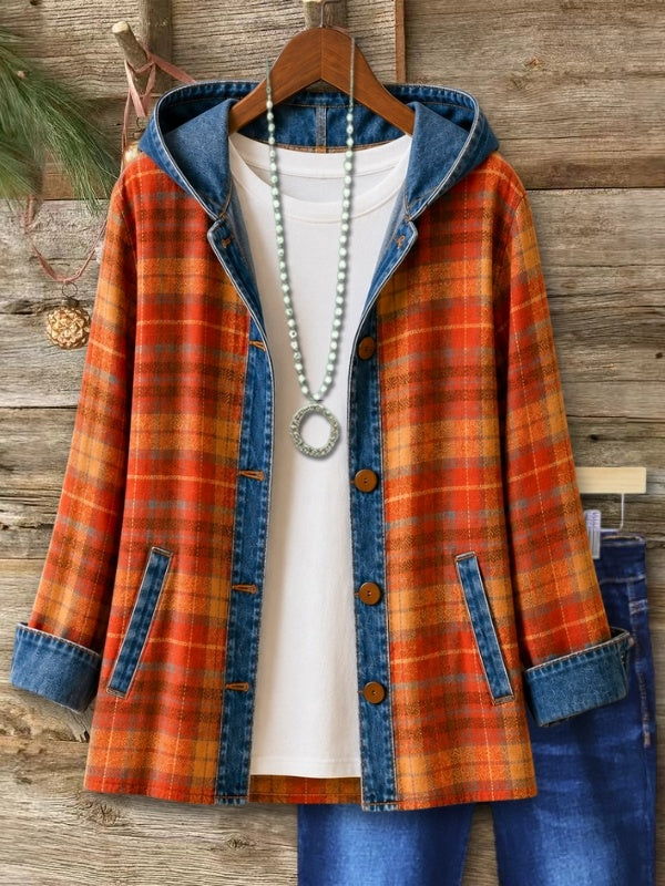 Plaid Patchwork Hooded Denim Trim Jacket