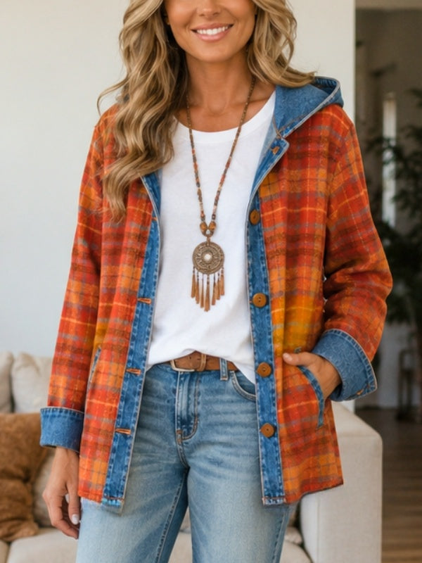 Plaid Patchwork Hooded Denim Trim Jacket