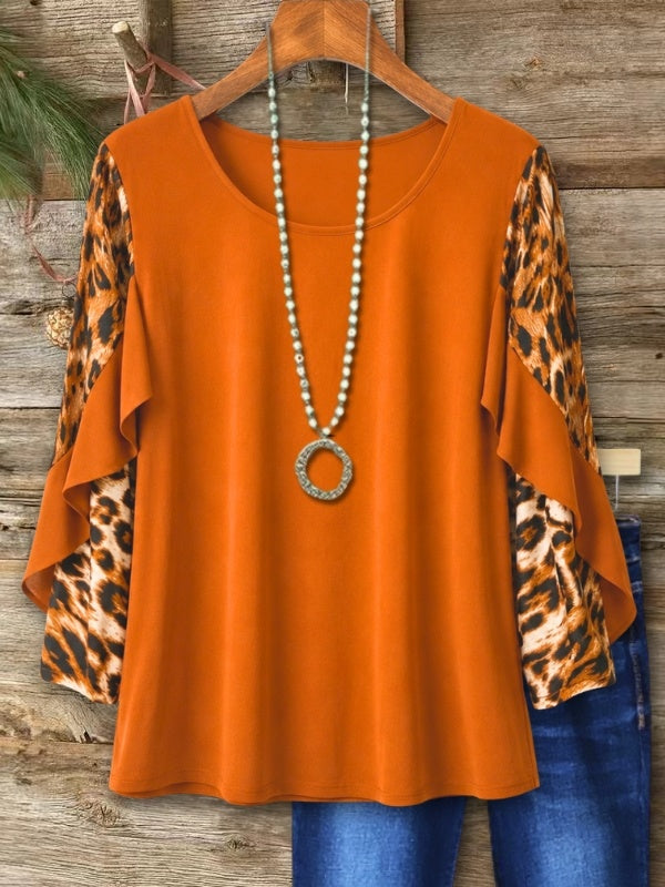Leopard Patchwork Ruffle Sleeve Top