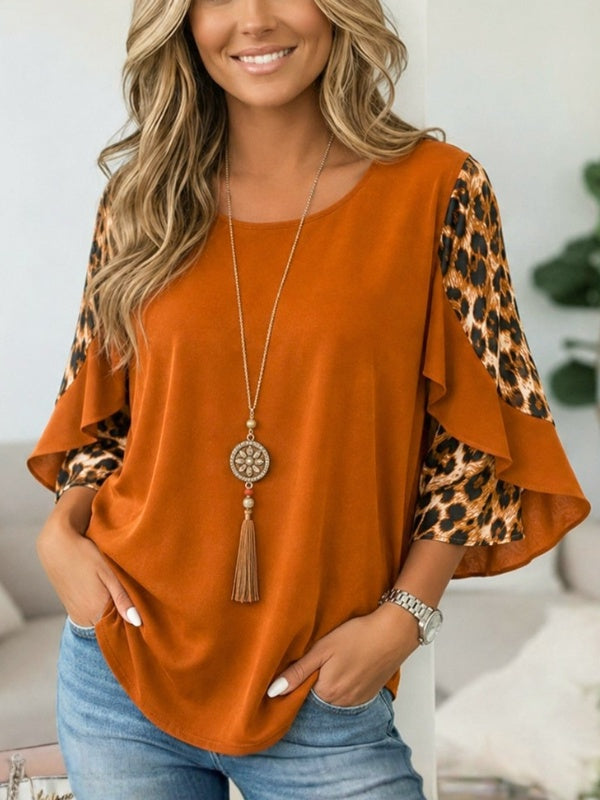 Leopard Patchwork Ruffle Sleeve Top