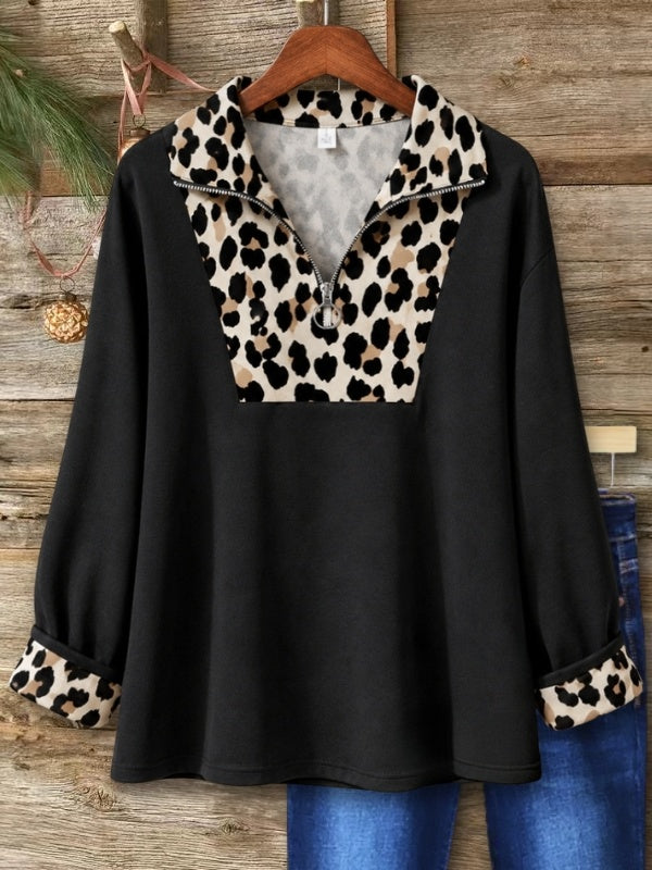 Leopard Patchwork Half Zip Tunic Top