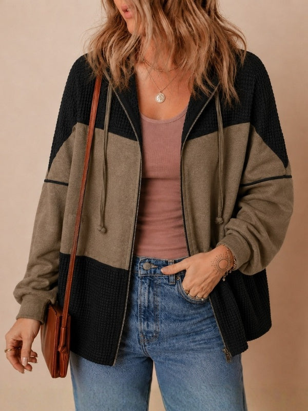 Colorblock Waffle Knit Zip Hoodie