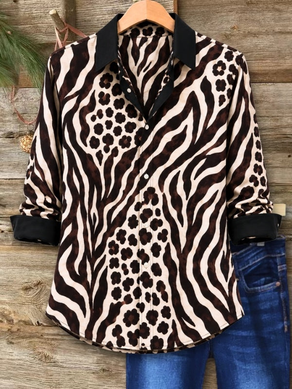 Animal Print Patchwork Button Up Shirt