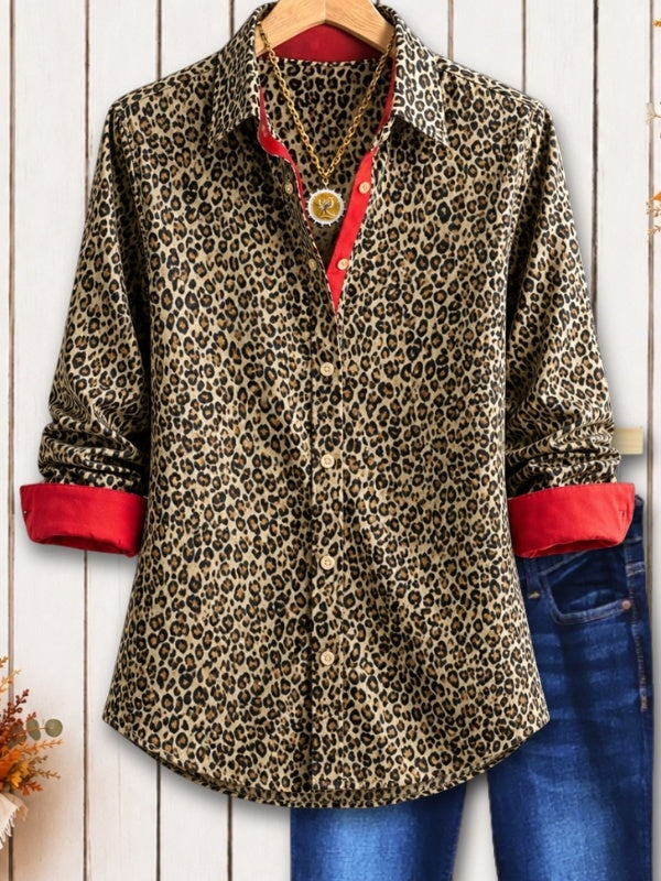 Leopard Print Contrast Cuff Button Shirt