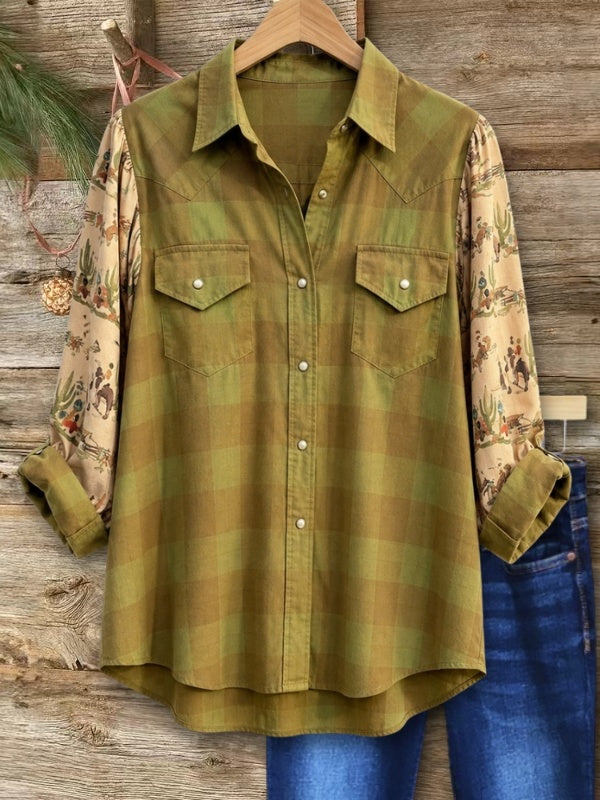 Plaid Print Patchwork Western Shirt