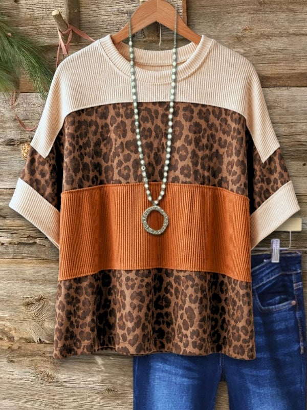 Leopard Patchwork Crew Neck Top