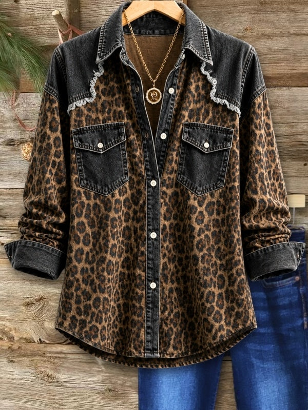 Leopard Denim Patchwork Button Down Shirt