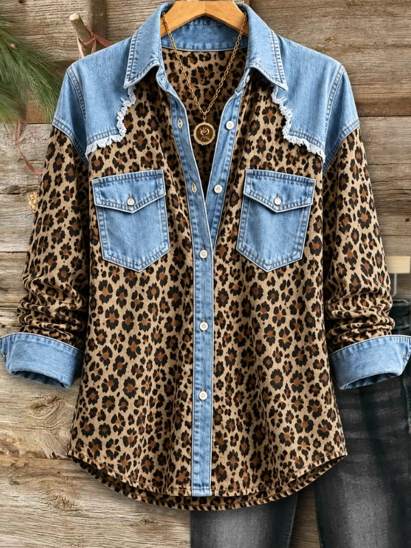 Leopard Denim Patchwork Button Down Shirt