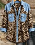 Leopard Denim Patchwork Button Down Shirt