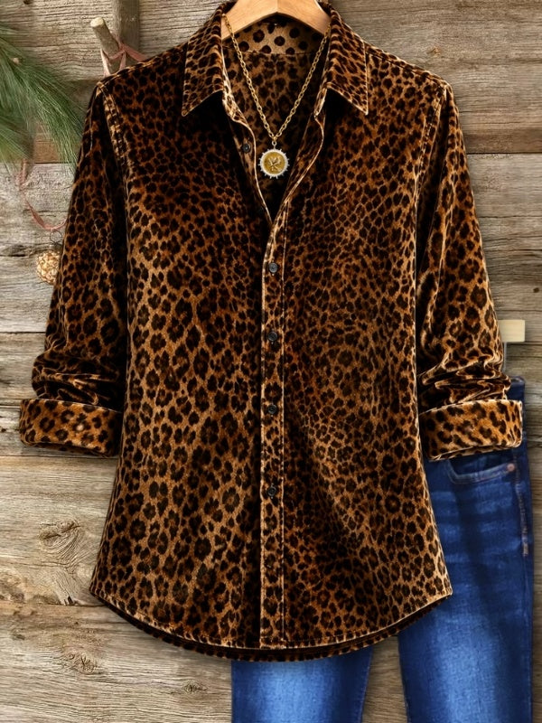 Leopard Print Button Down Velvet Shirt