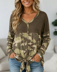 Camo Patchwork Tie Front V Neck Top