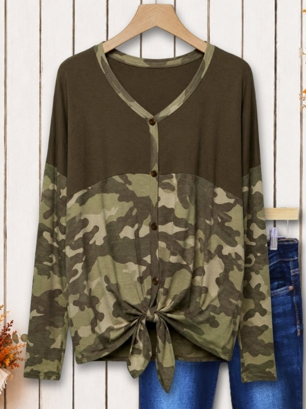 Camo Patchwork Tie Front V Neck Top