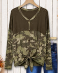 Camo Patchwork Tie Front V Neck Top