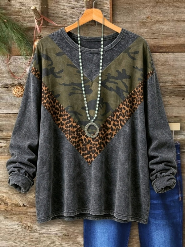 Camo Leopard Patchwork Crew Neck Sweatshirt