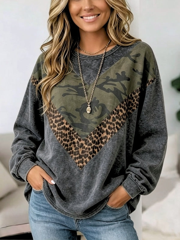 Camo Leopard Patchwork Crew Neck Sweatshirt